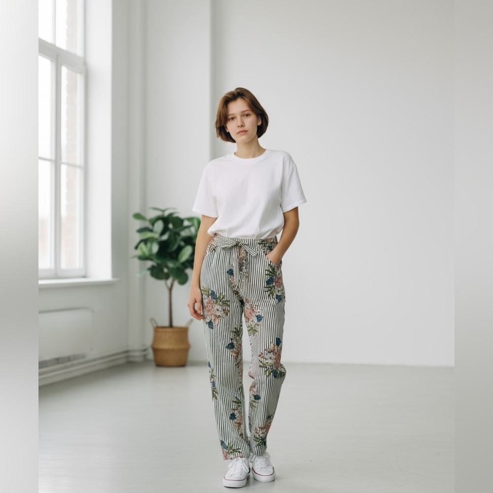 VIBE Floral Stripe Tie-Waist Pants | Size Small